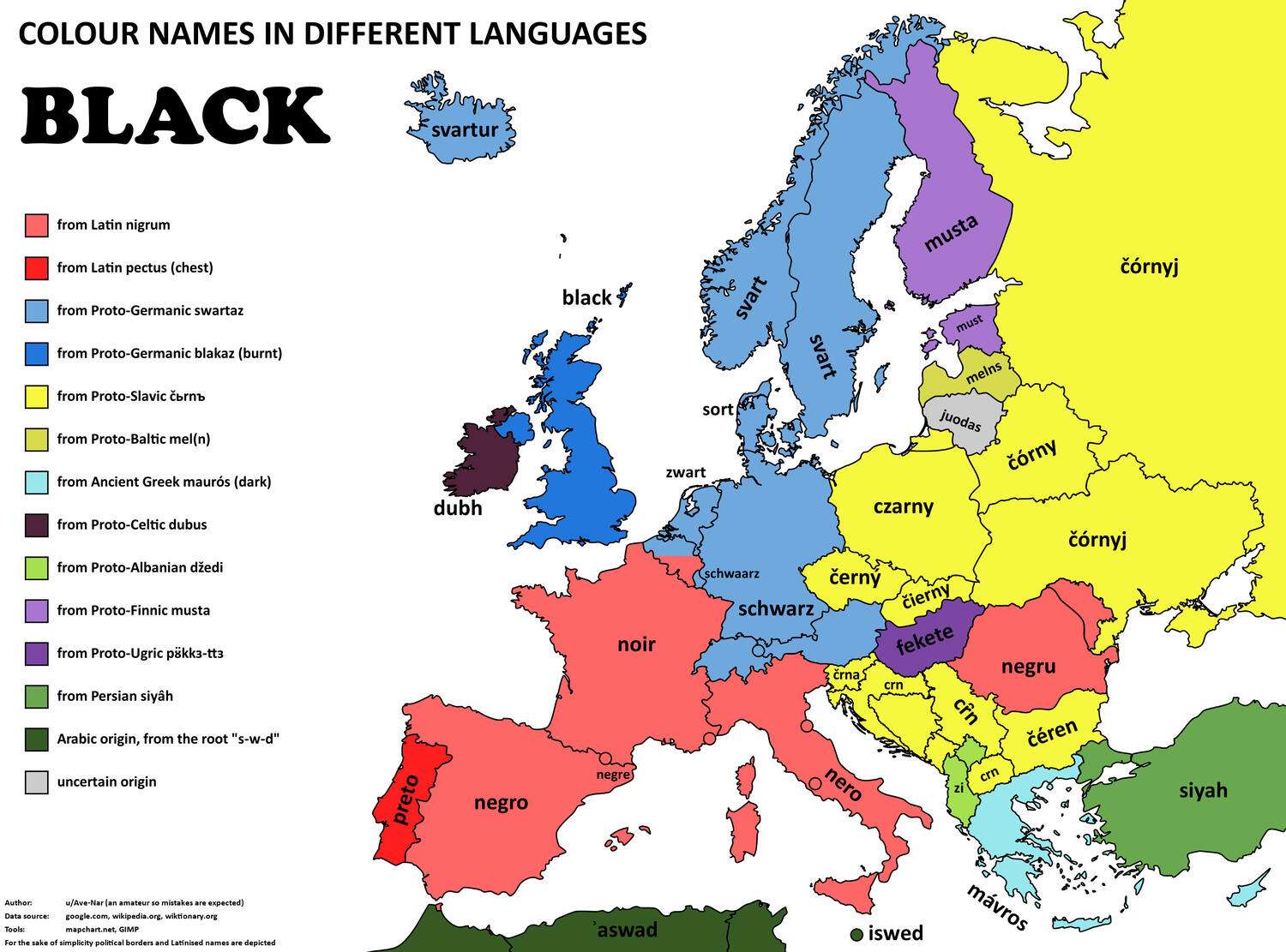 The word 'black' in European languages