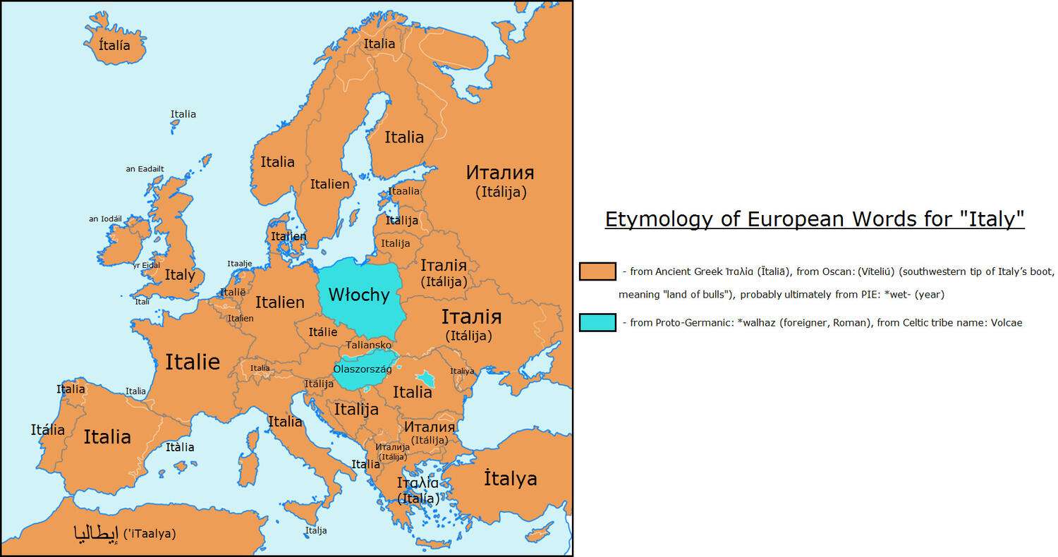 The word "Italy" in various European languages