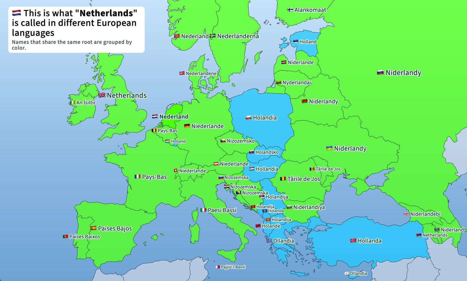 There's an exonym "corridor" of countries that call the Netherlands "Holland", spreading all the way from from Poland to Turkey