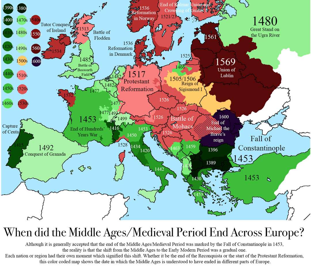 Dates in which the "Middle Ages"/"Medieval Period" is said to have ended in different countries and regions in Europe