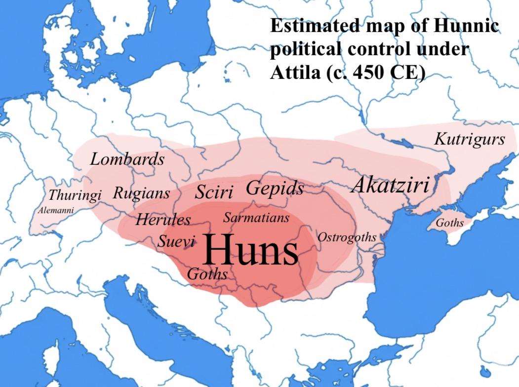 Estimated map of Hunnic political control under Attila (c. 450 CE)