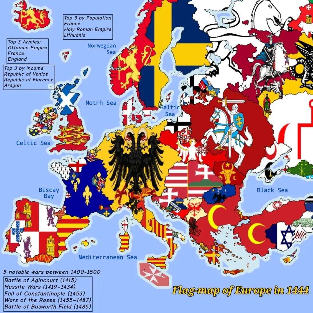 Historical flag map of Europe, 1444