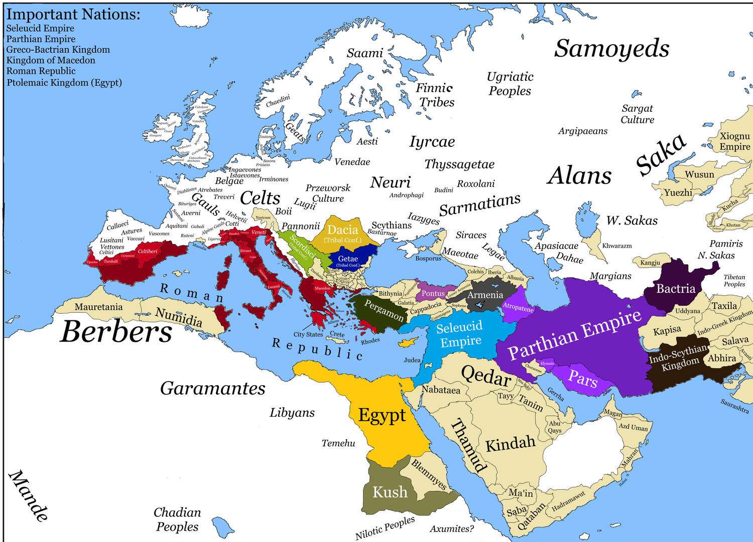 Map of Europe, North Africa, The Middle East and Siberia in 140 BC