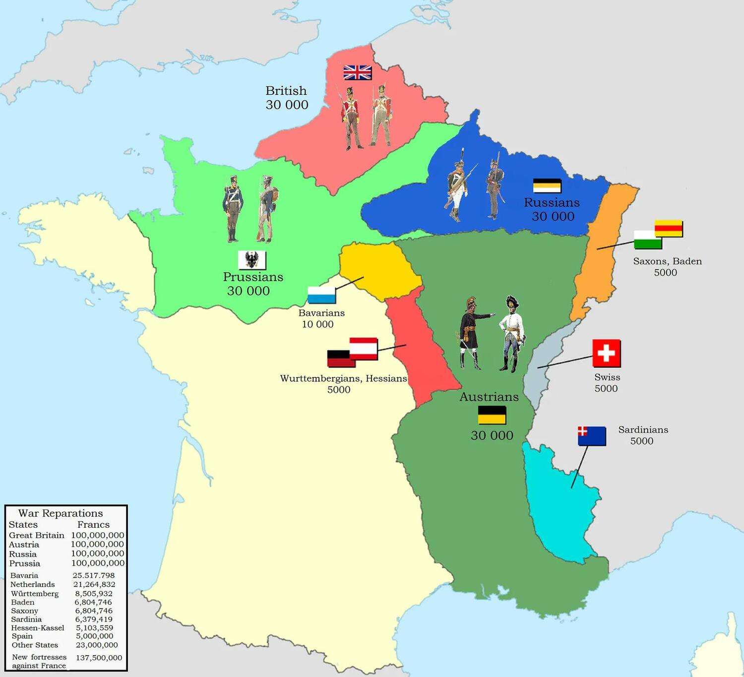 Occupation zones in France, 1815