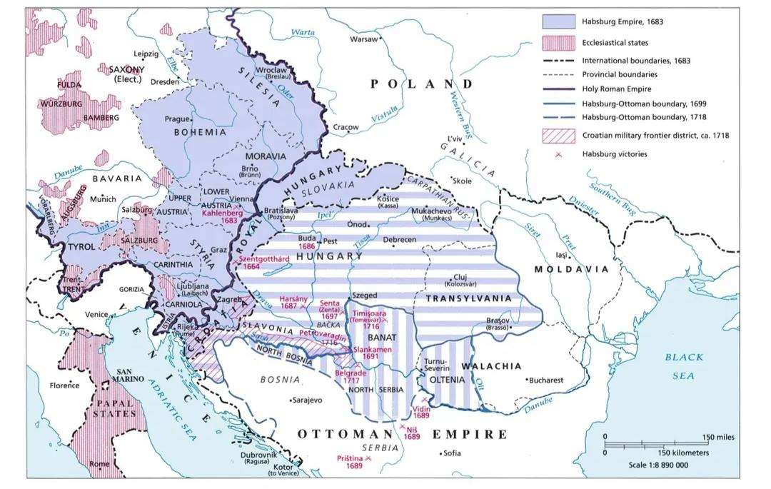 The Habsburg empire in 1683 and its territorial extension in the early 18th century