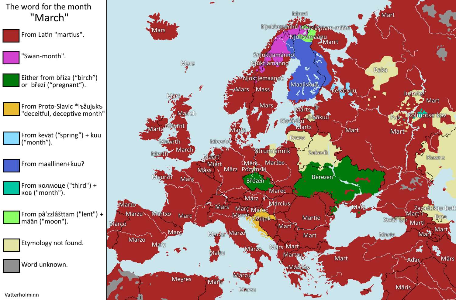 The month "March" in European languages.