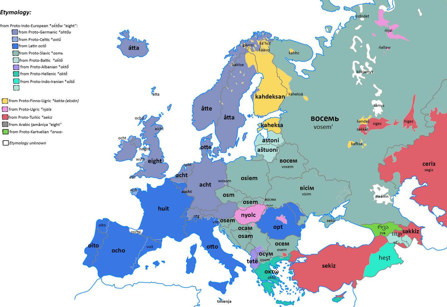 The word (or number) eight in European languages