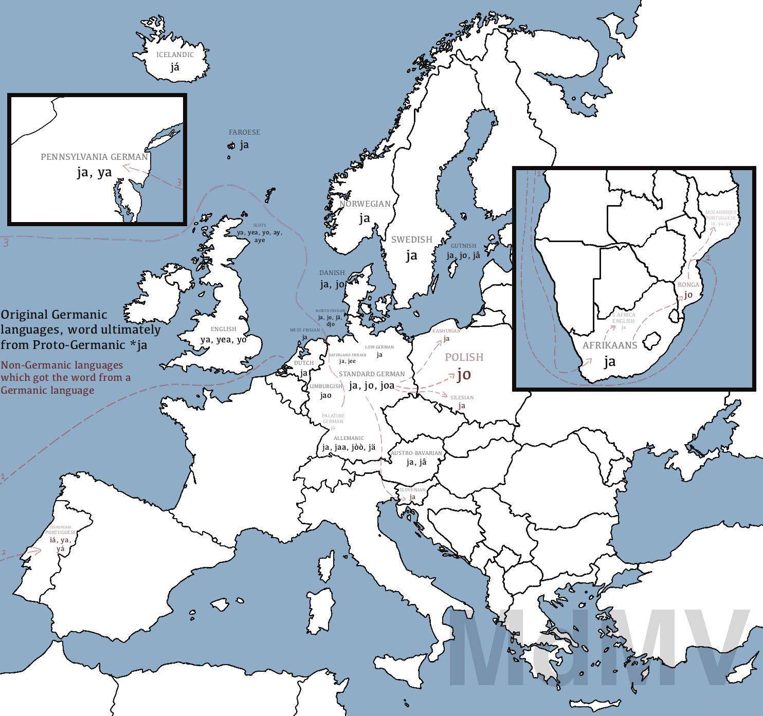 Descendants of Proto-Germanic *ja (“yes” route)