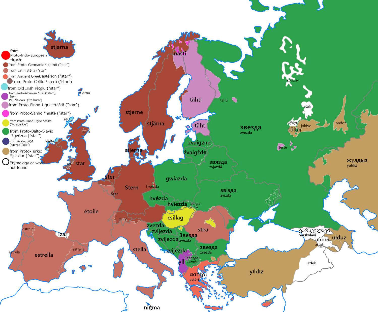 Etymology for the word "star" in Europe