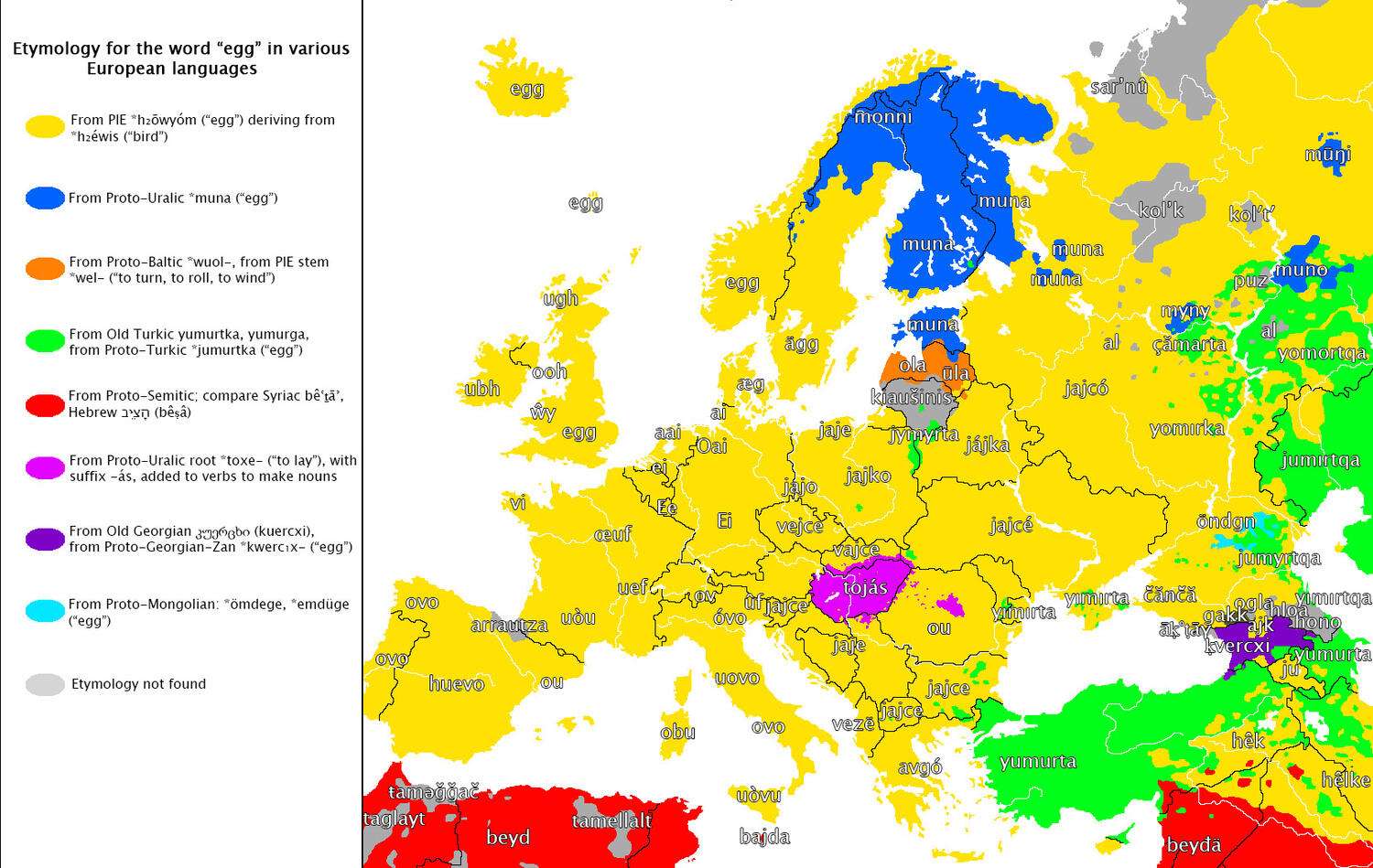 Etymology map for the word "egg" in European languages