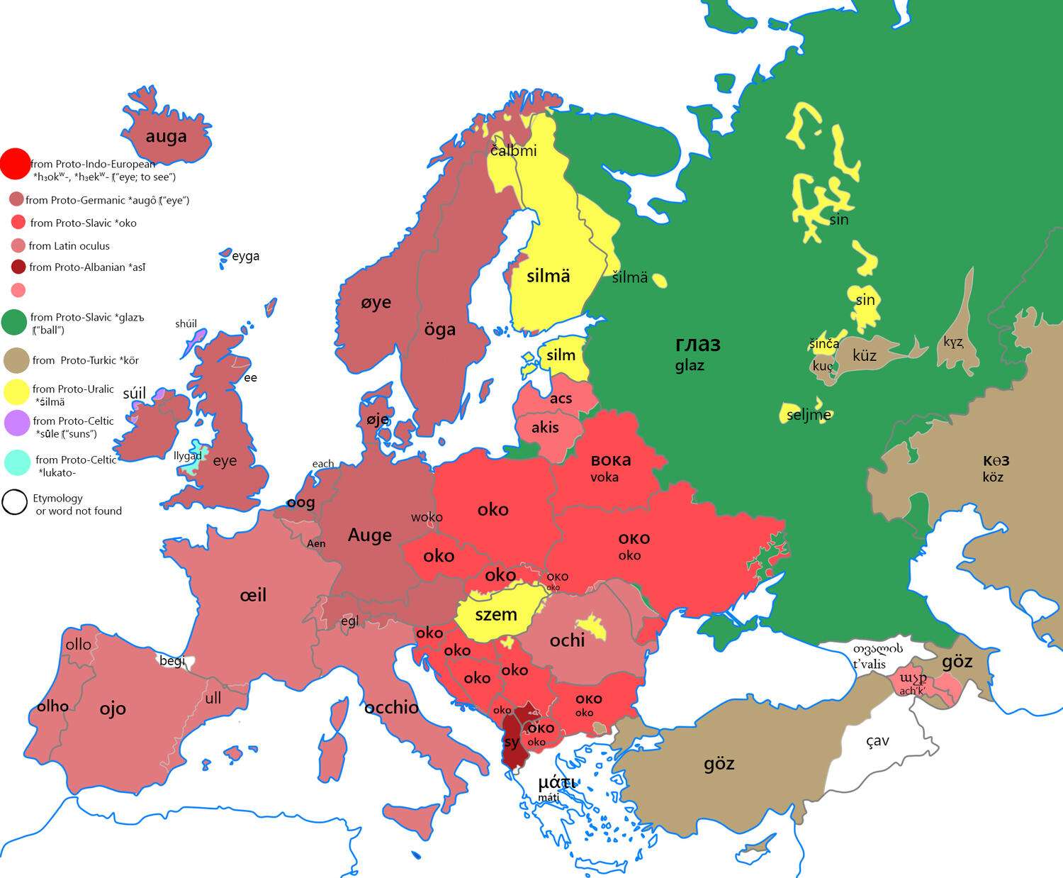 Etymology map for the word eye in Europe