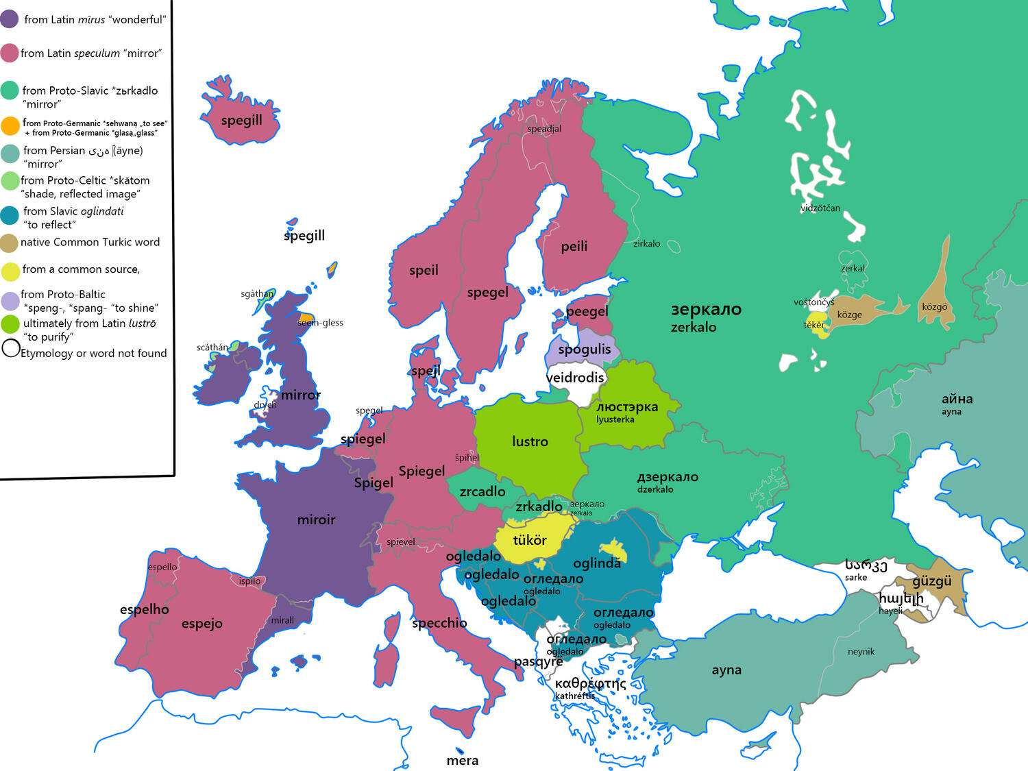 Etymology map for the word "mirror" in Europe