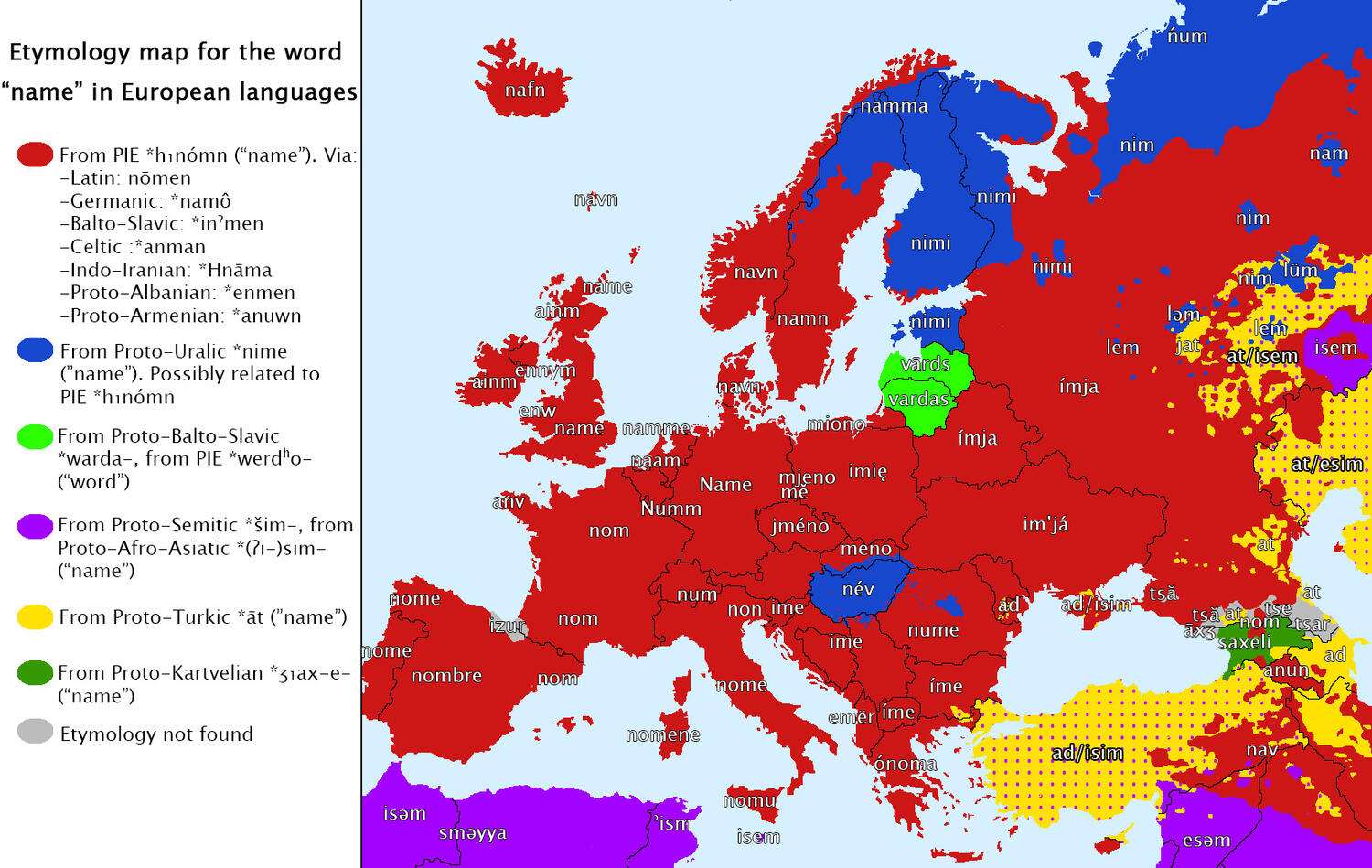 Etymology map for the word "name" in European languages