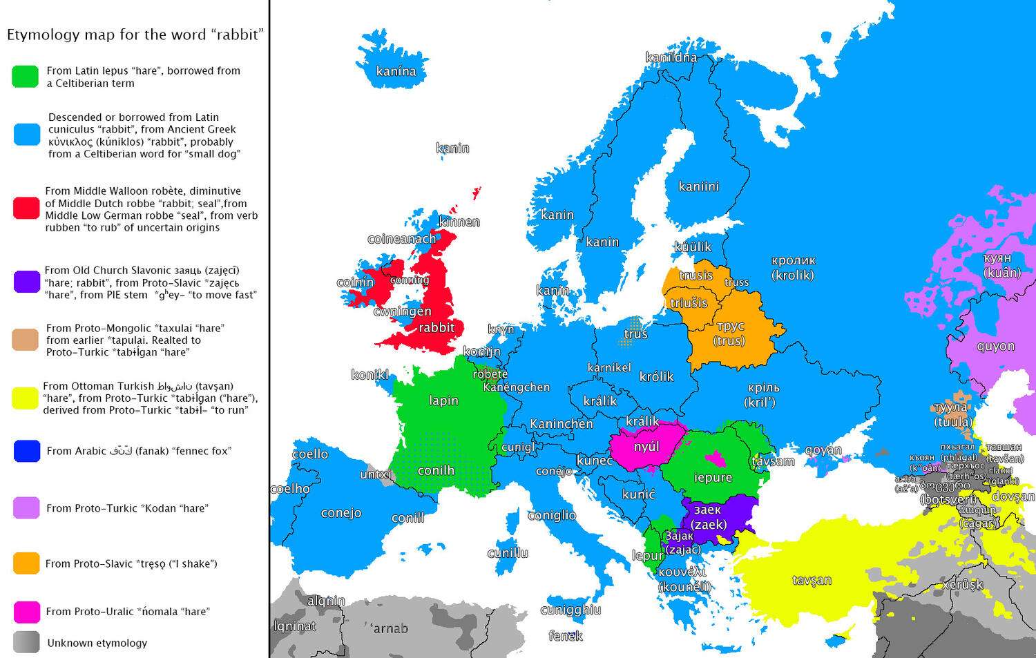 Etymology map for the word "rabbit" in European languages