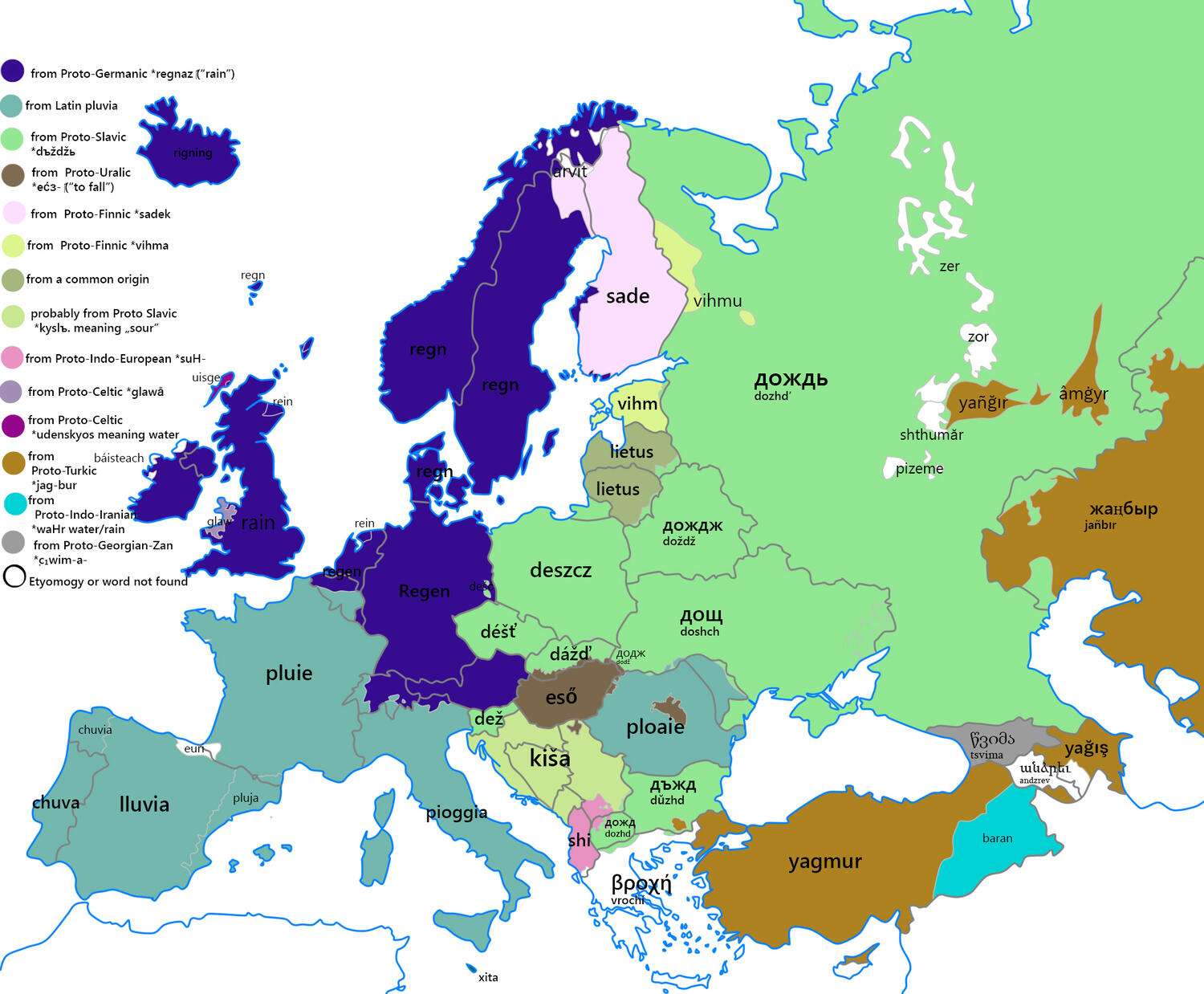 Etymology map for the word rain in Europe