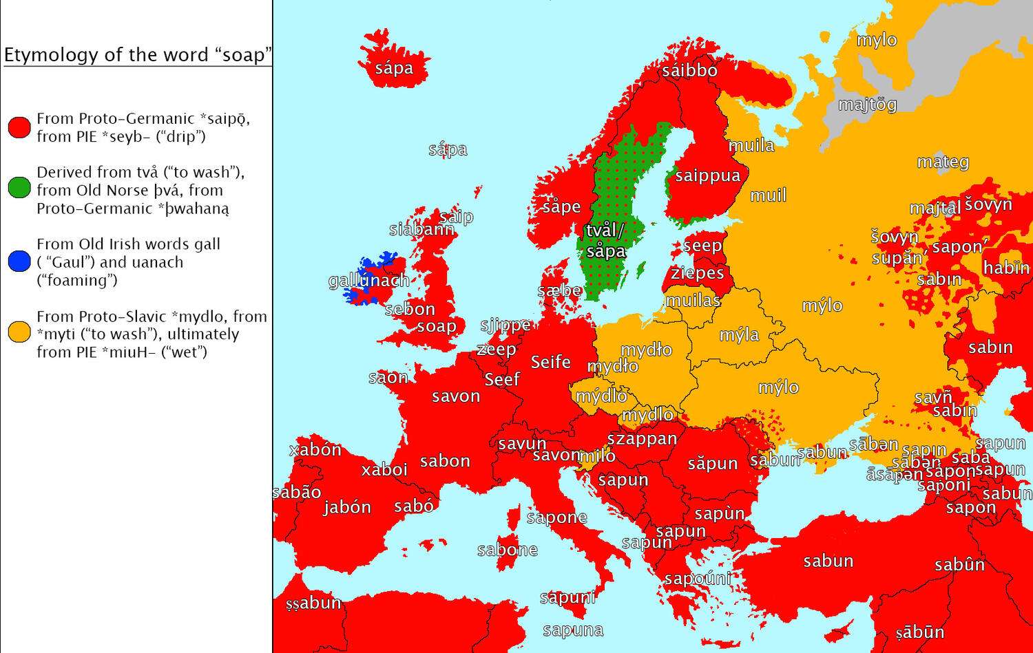 Etymology map for the word "soap"in European languages