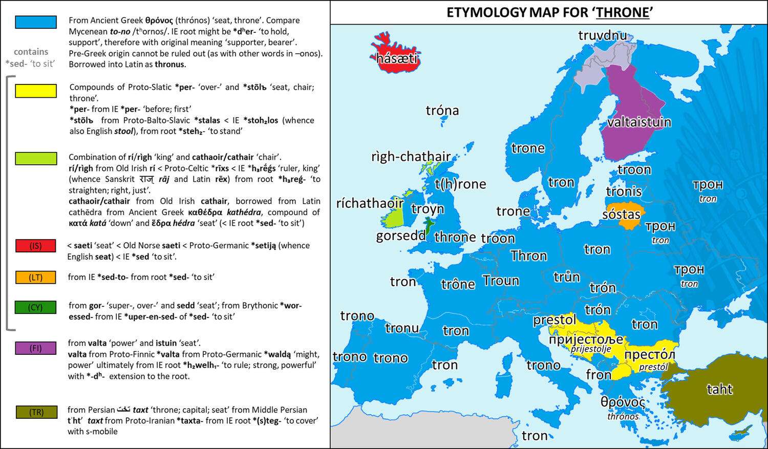 Etymology map for the word 'Throne'