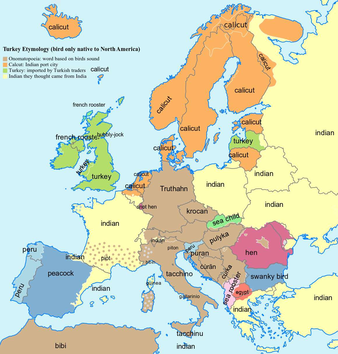 Origins of the term for Turkey the bird In Europe