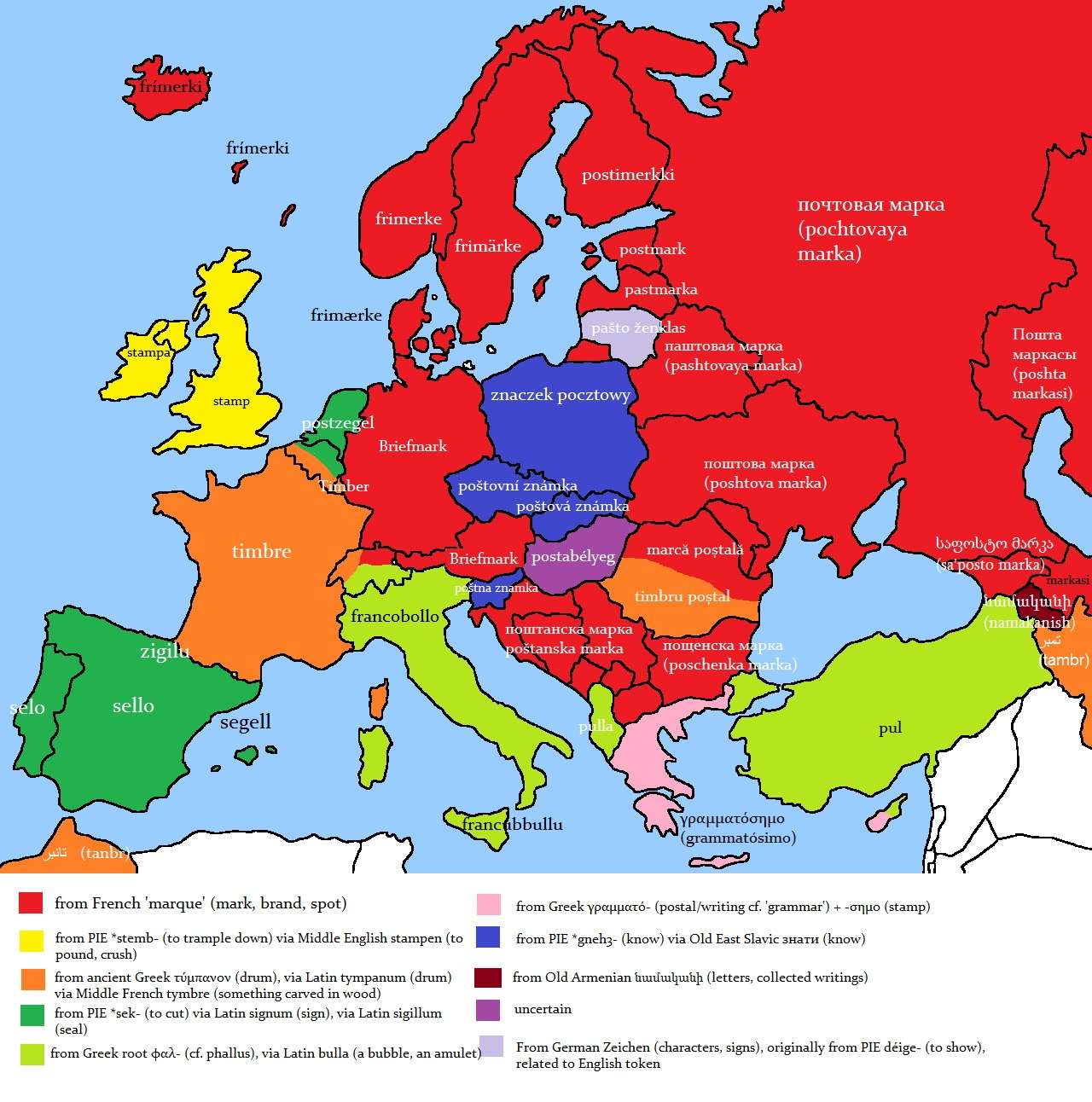 Postage stamp in various European languages