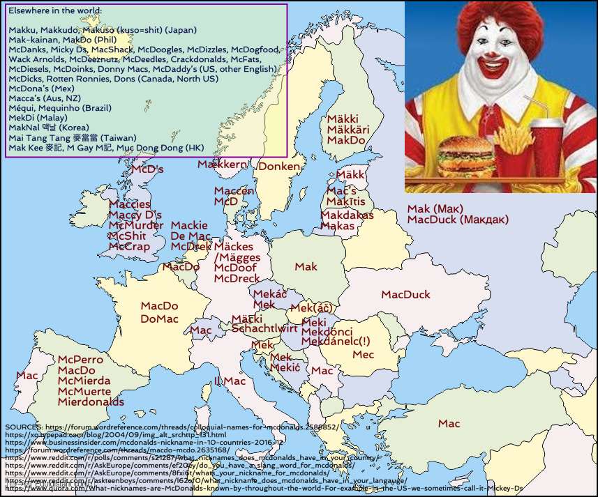 Slang names for McDonalds in various languages (still missing a few in the Balkans etc.)