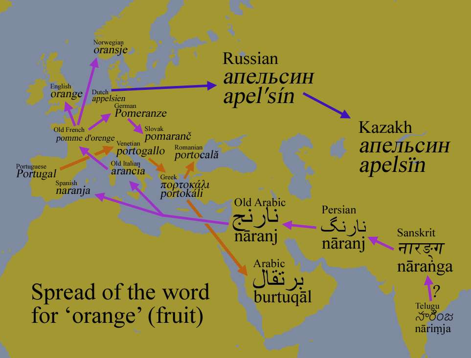 Spread of the word for 'orange' (the fruit)