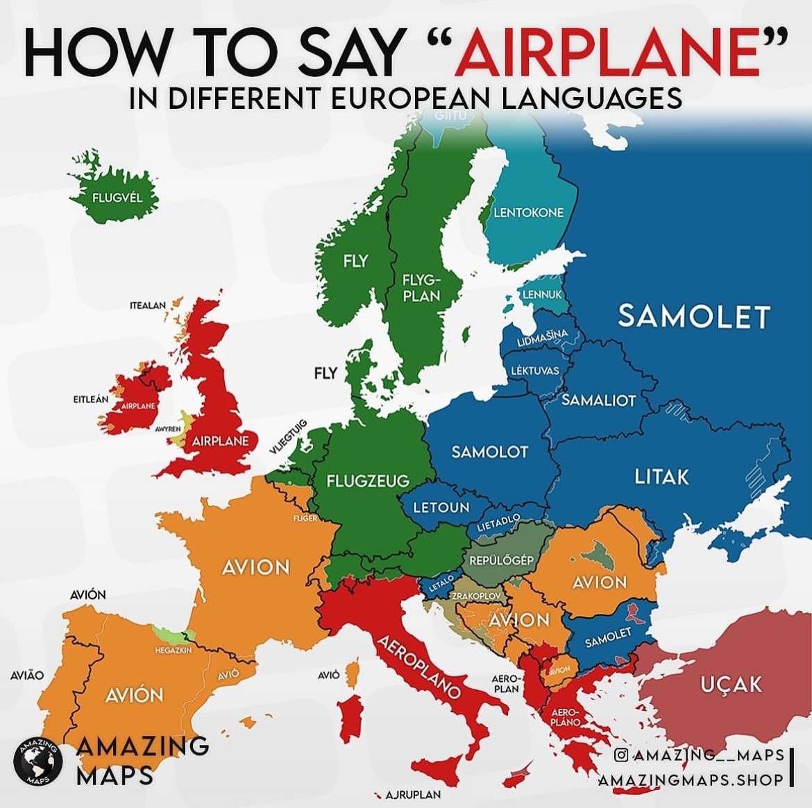 The word "airplane" in European languages