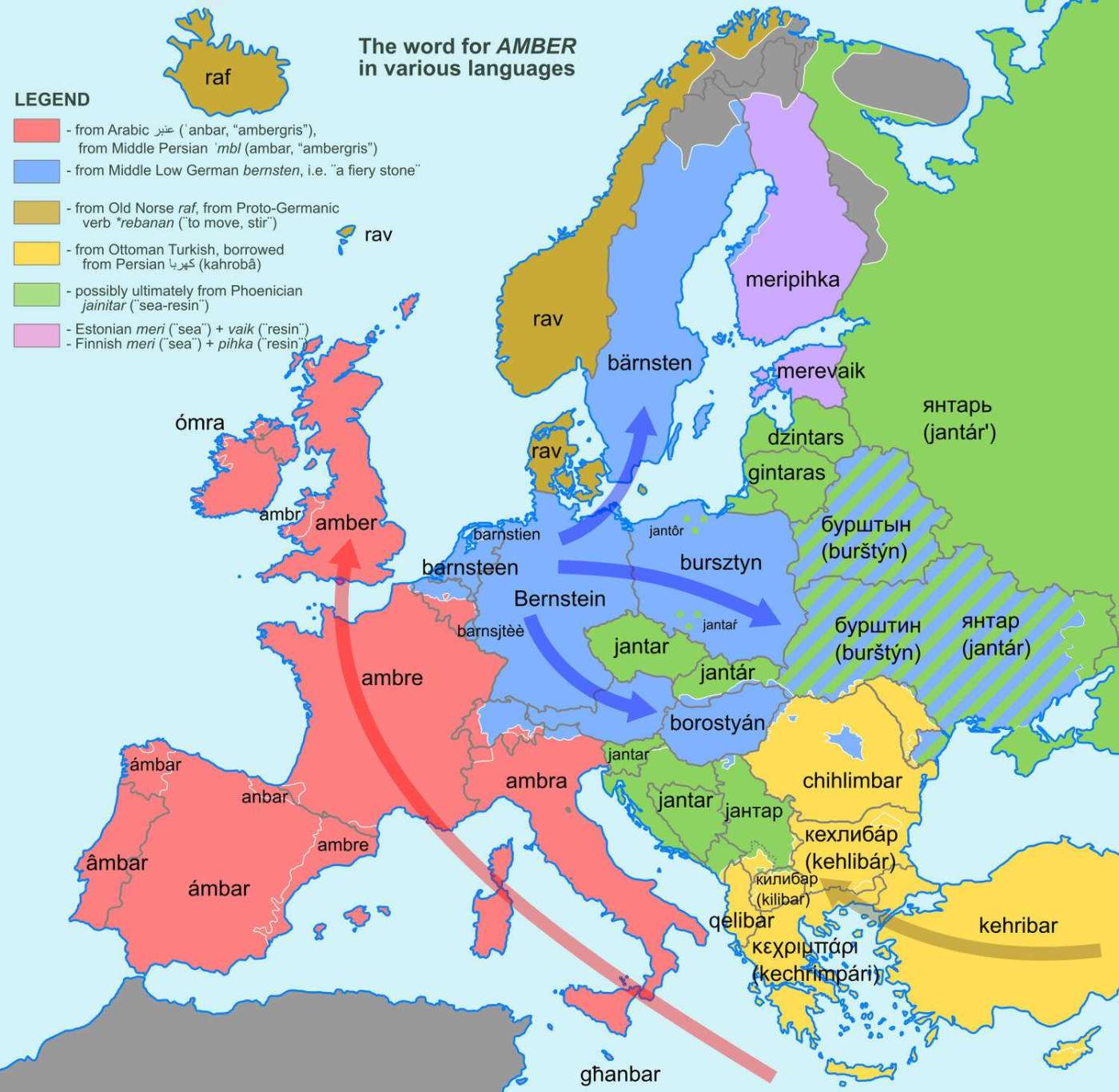 The word "Amber" in European languages