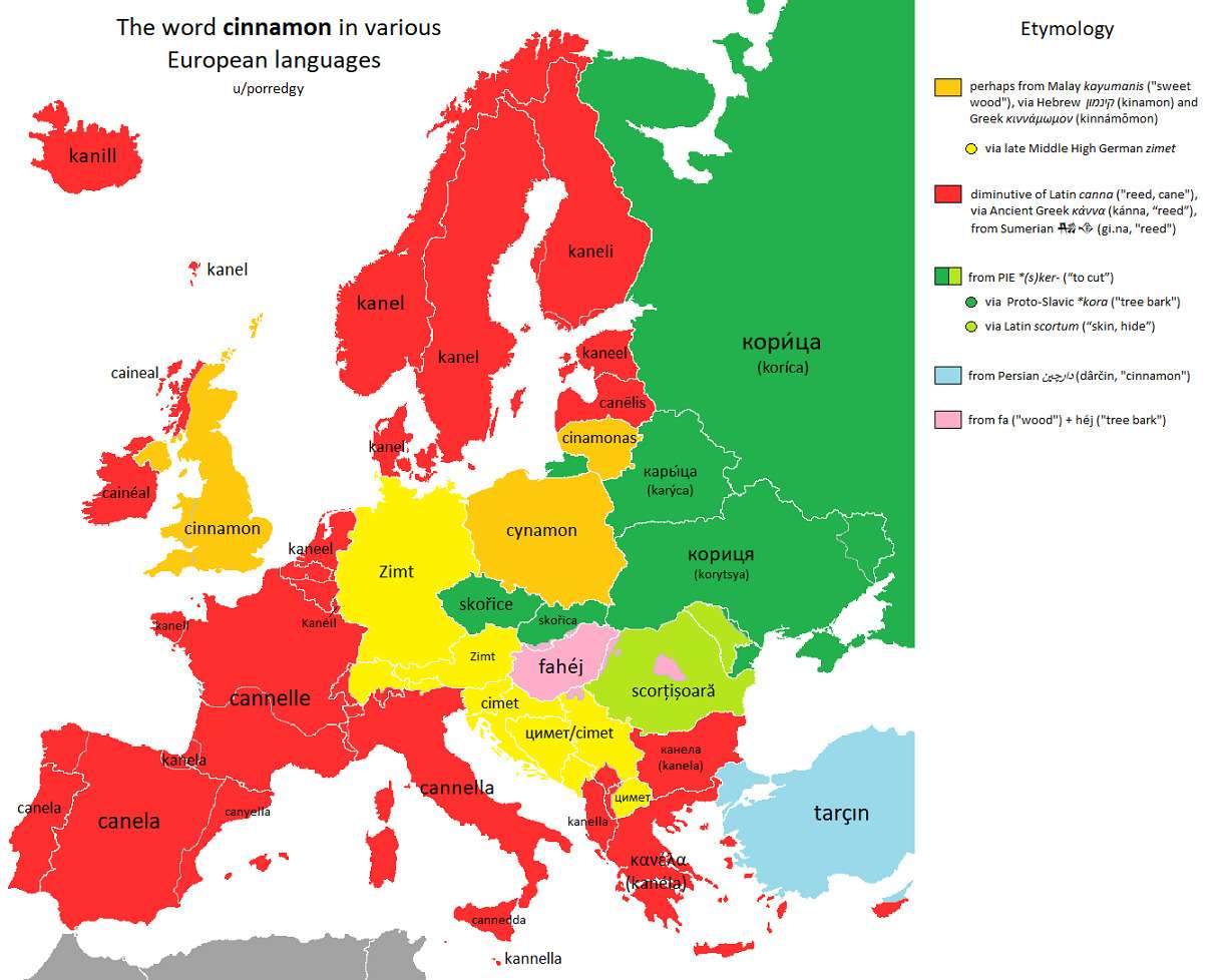 The word "cinnamon" in European languages