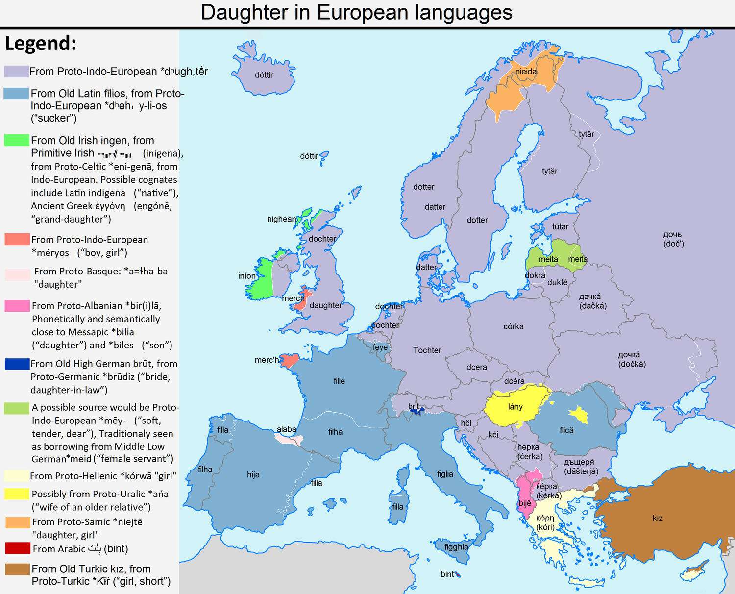 The word "daughter" in European languages