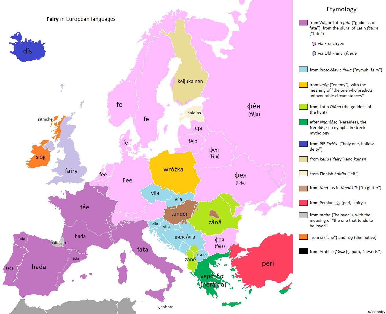The word "fairy" in European languages