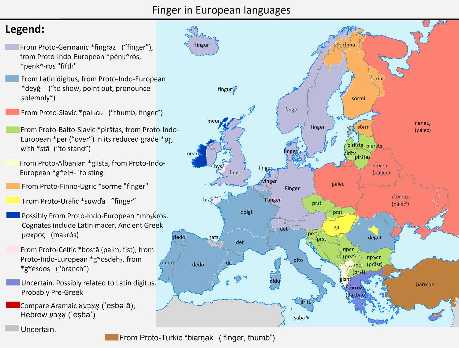 The word Finger in European languages