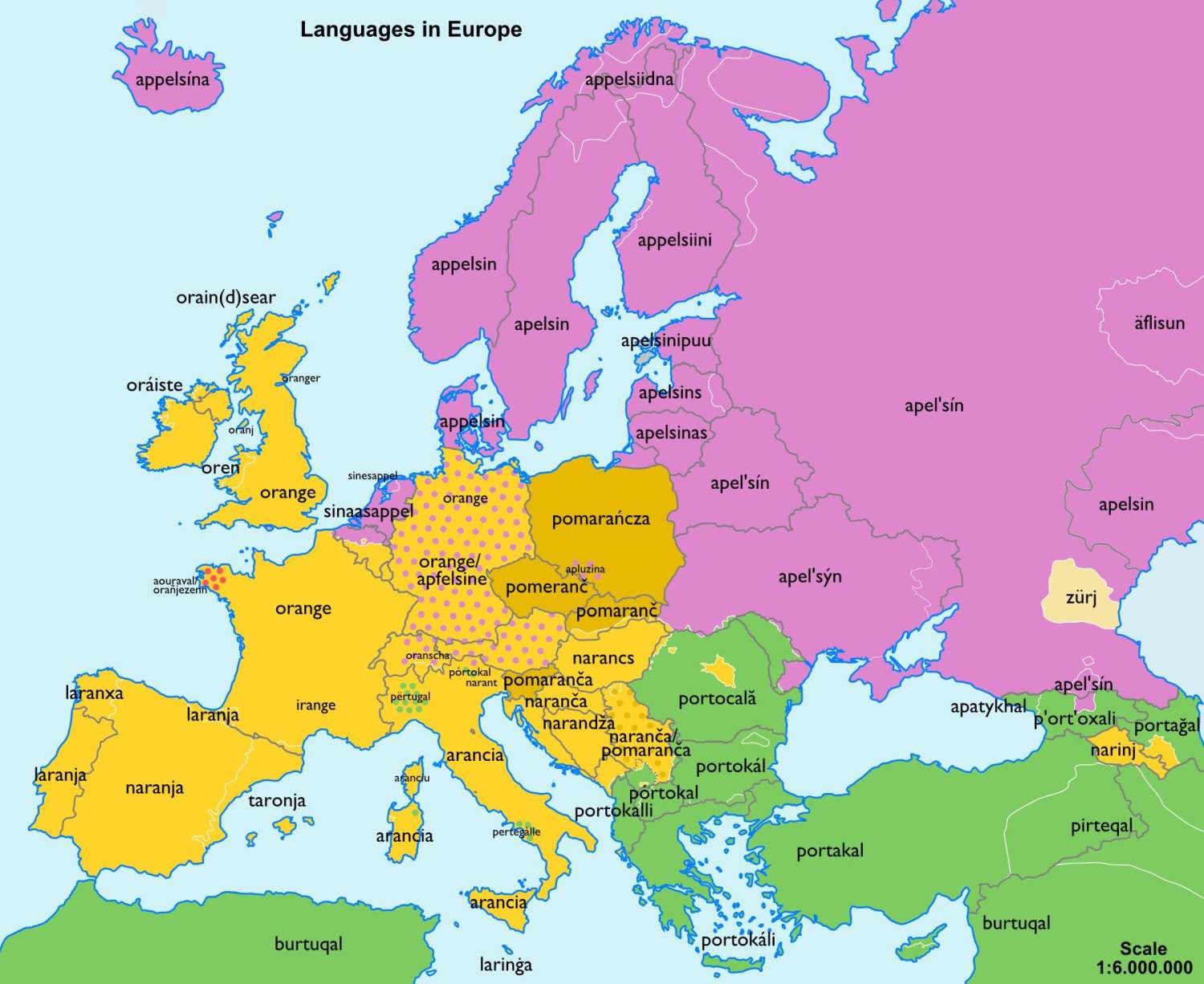 The word for "orange" (fruit) in various European languages