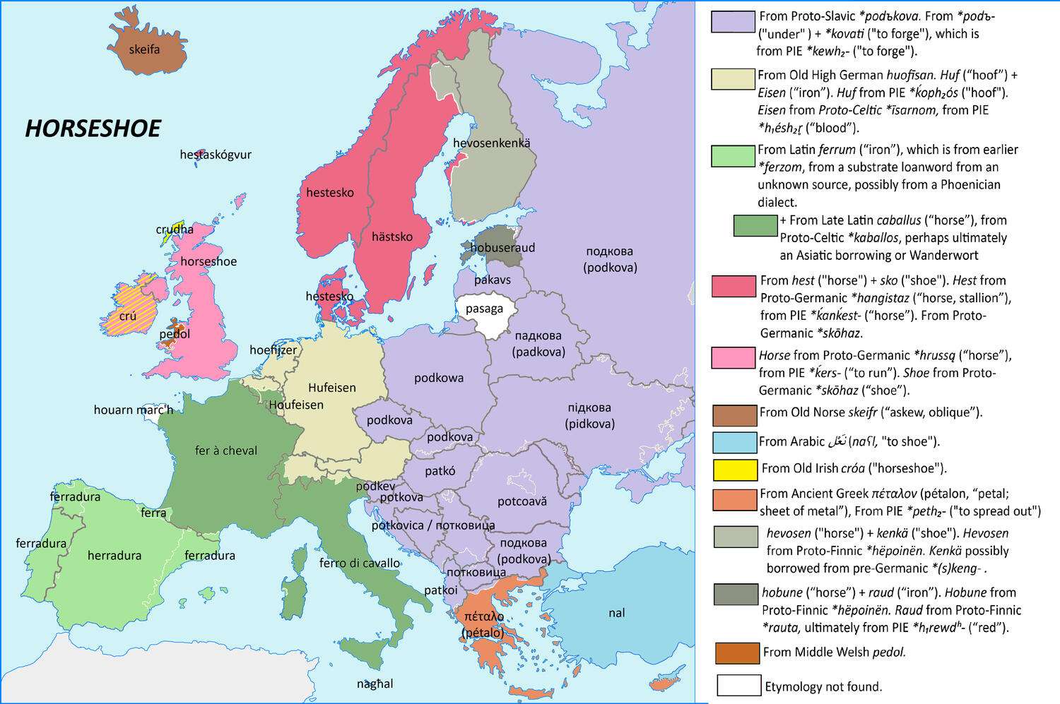 The word "horseshoe" in European languages