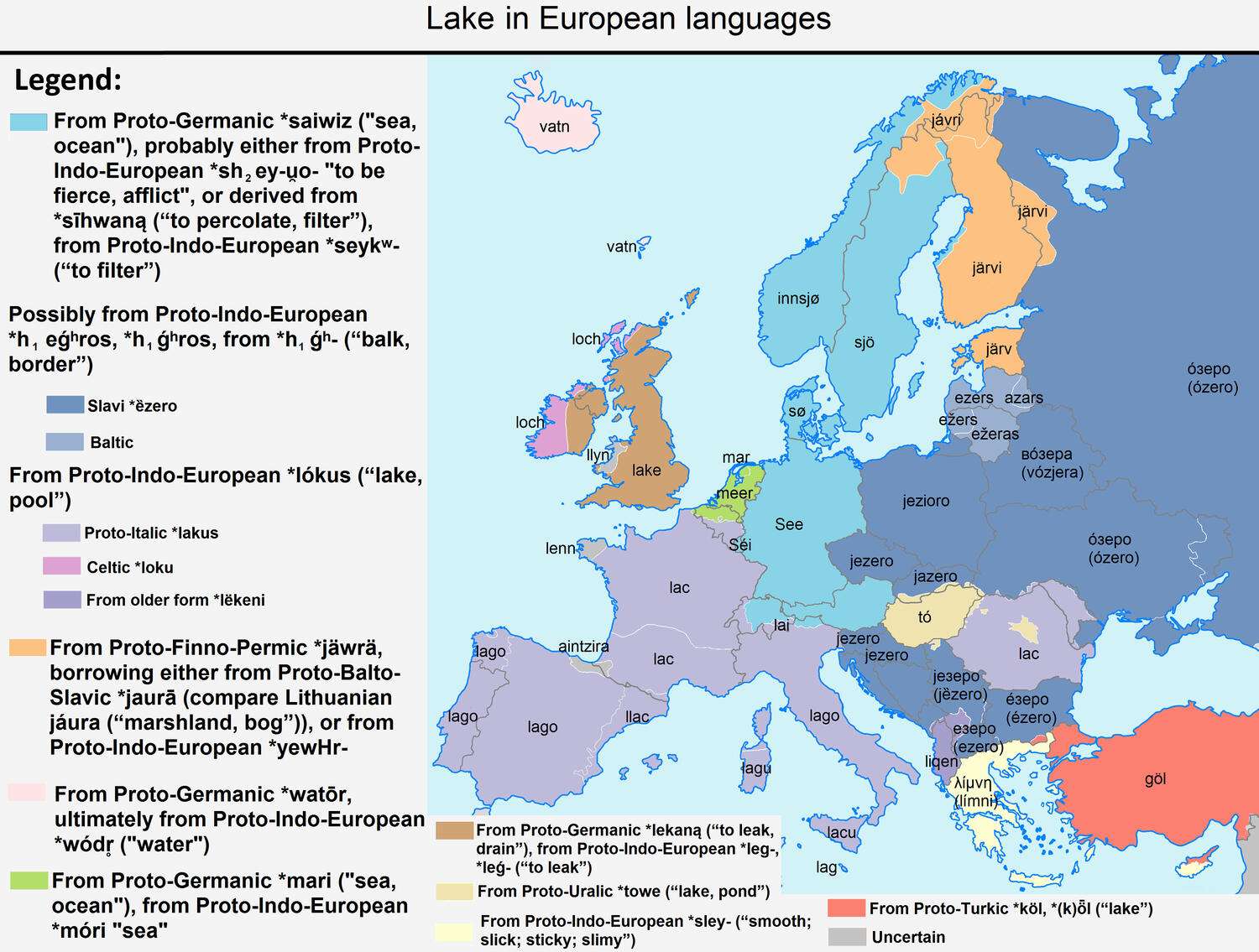 The word "lake" in European languages