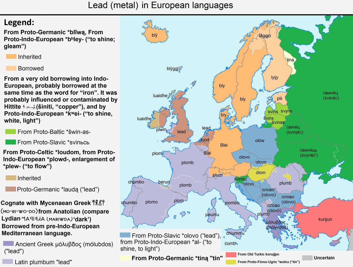 The word "lead" (metal) in European languages
