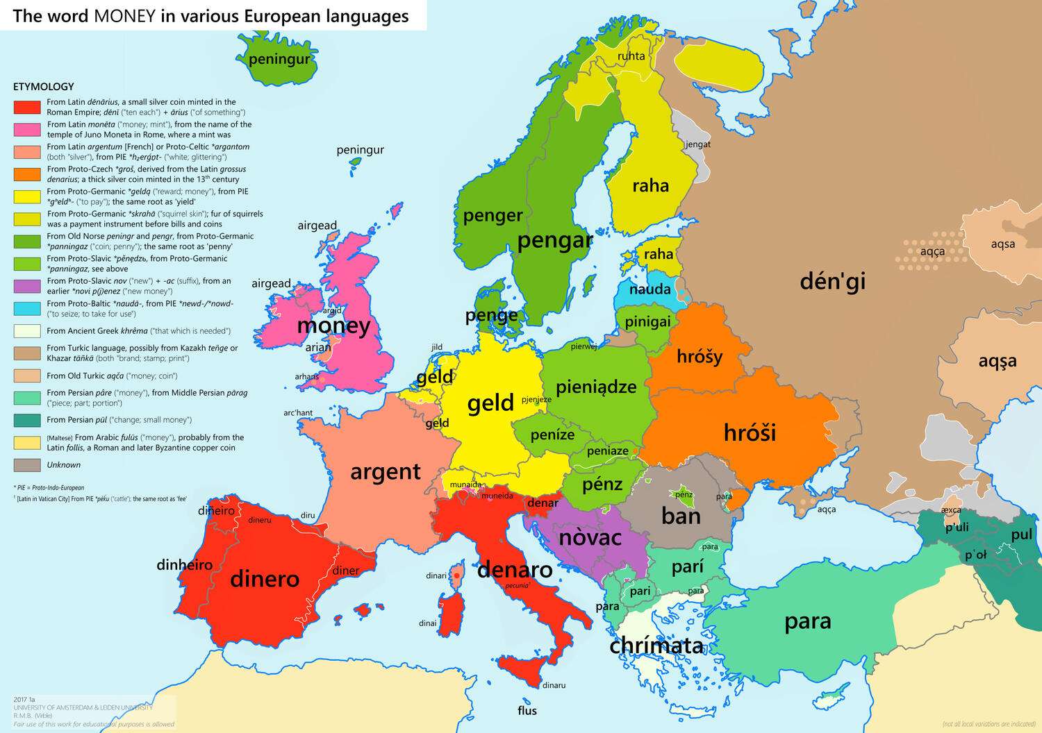 The word 'money' in various European languages