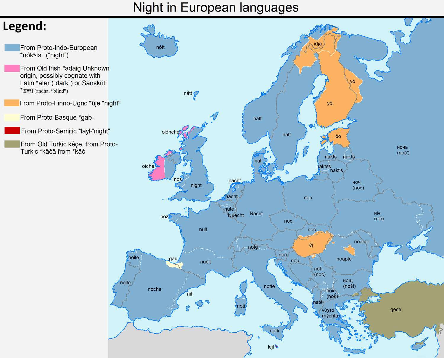 The word "night" in European languages