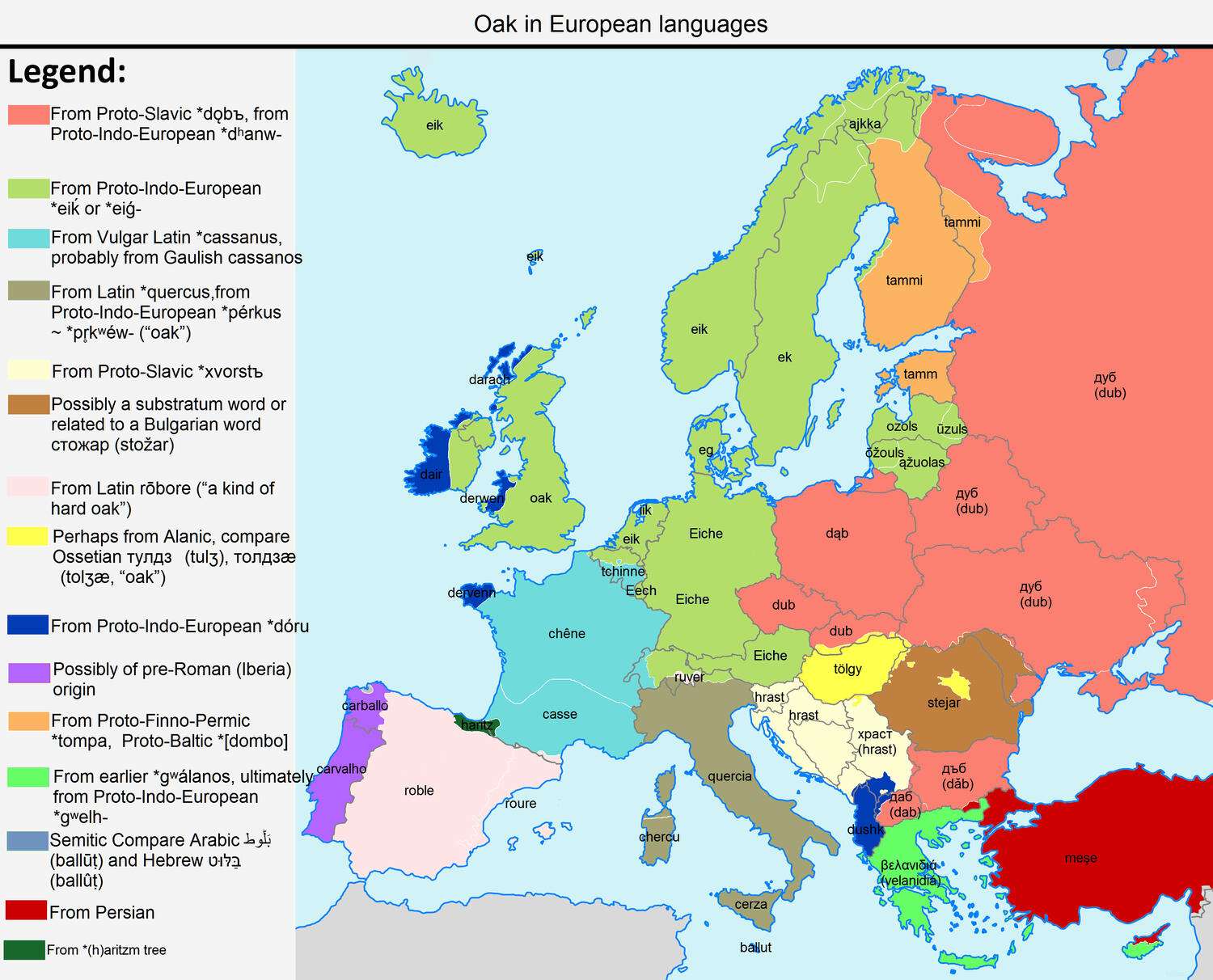The word "oak" in European languages