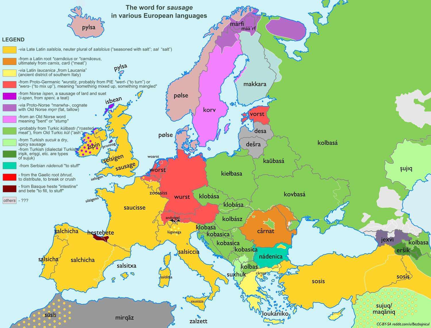 The word "Sausage" in various European languages