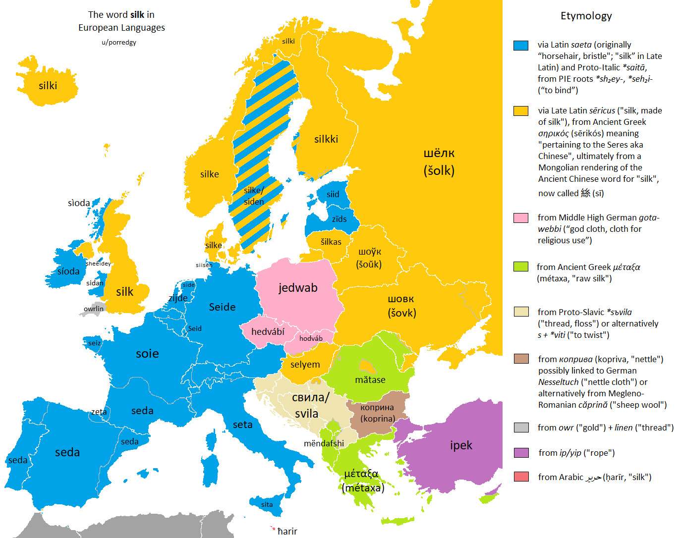 The word "silk" in European languages