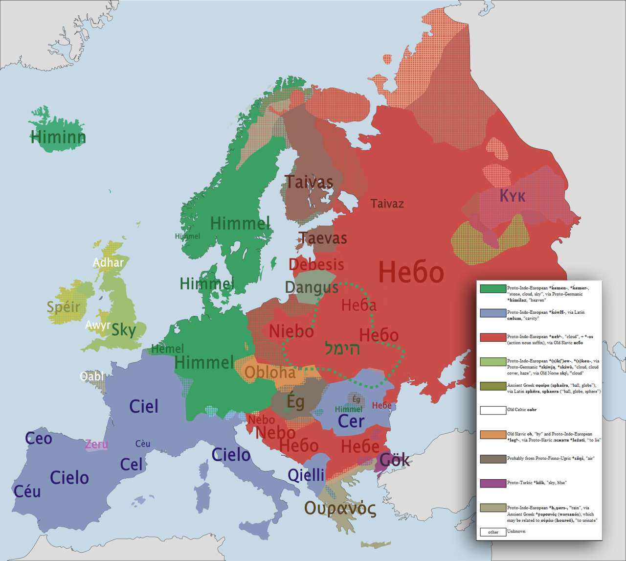 The word "sky" in the main European languages