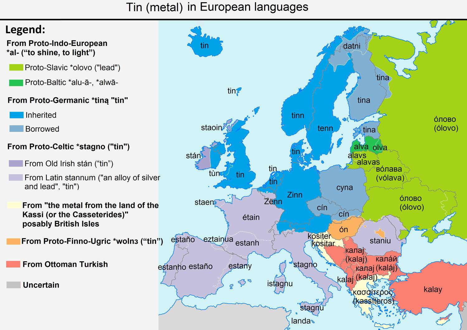 The word "tin" (metal) in European languages