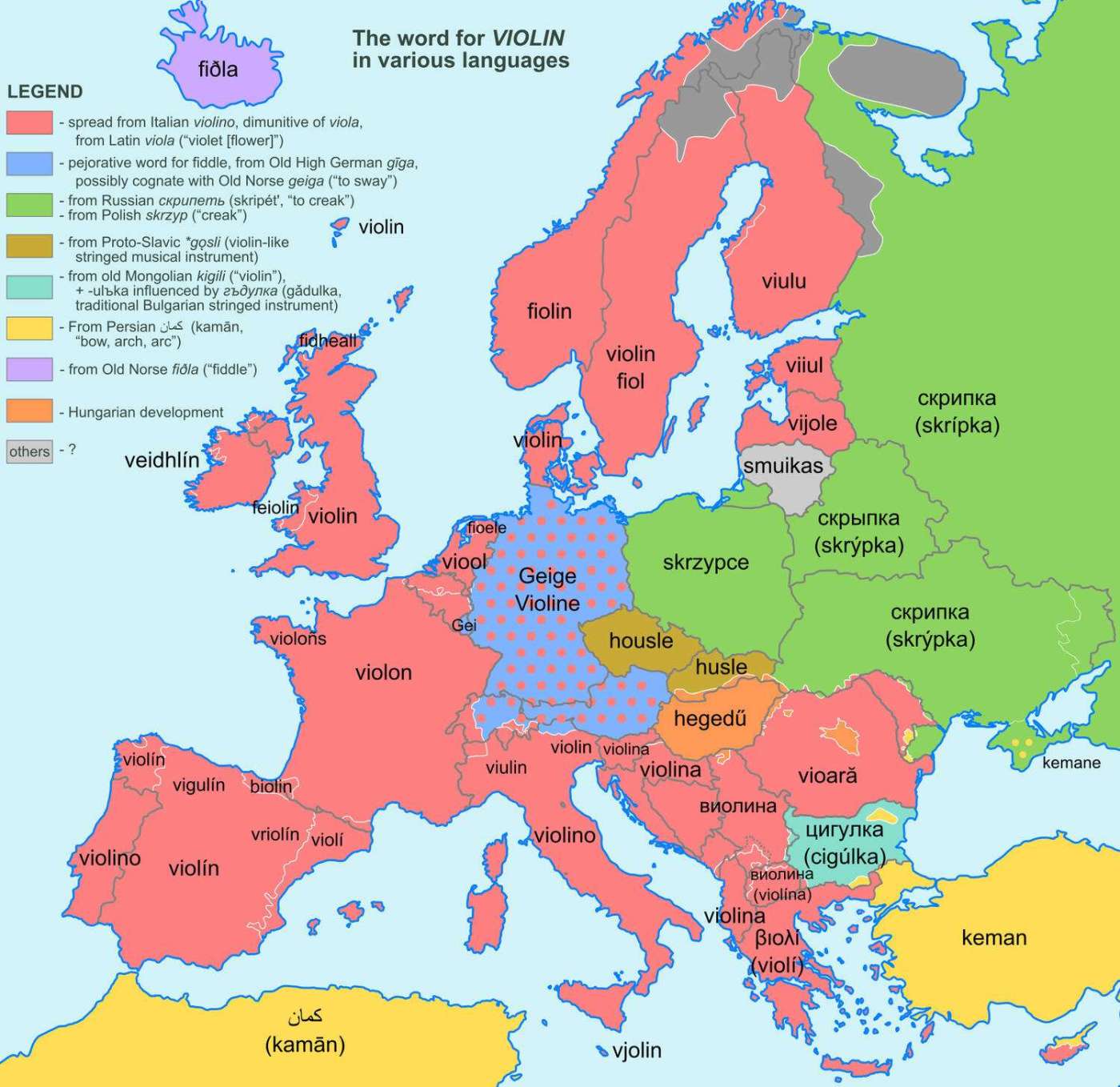 The word "Violin" in European languages