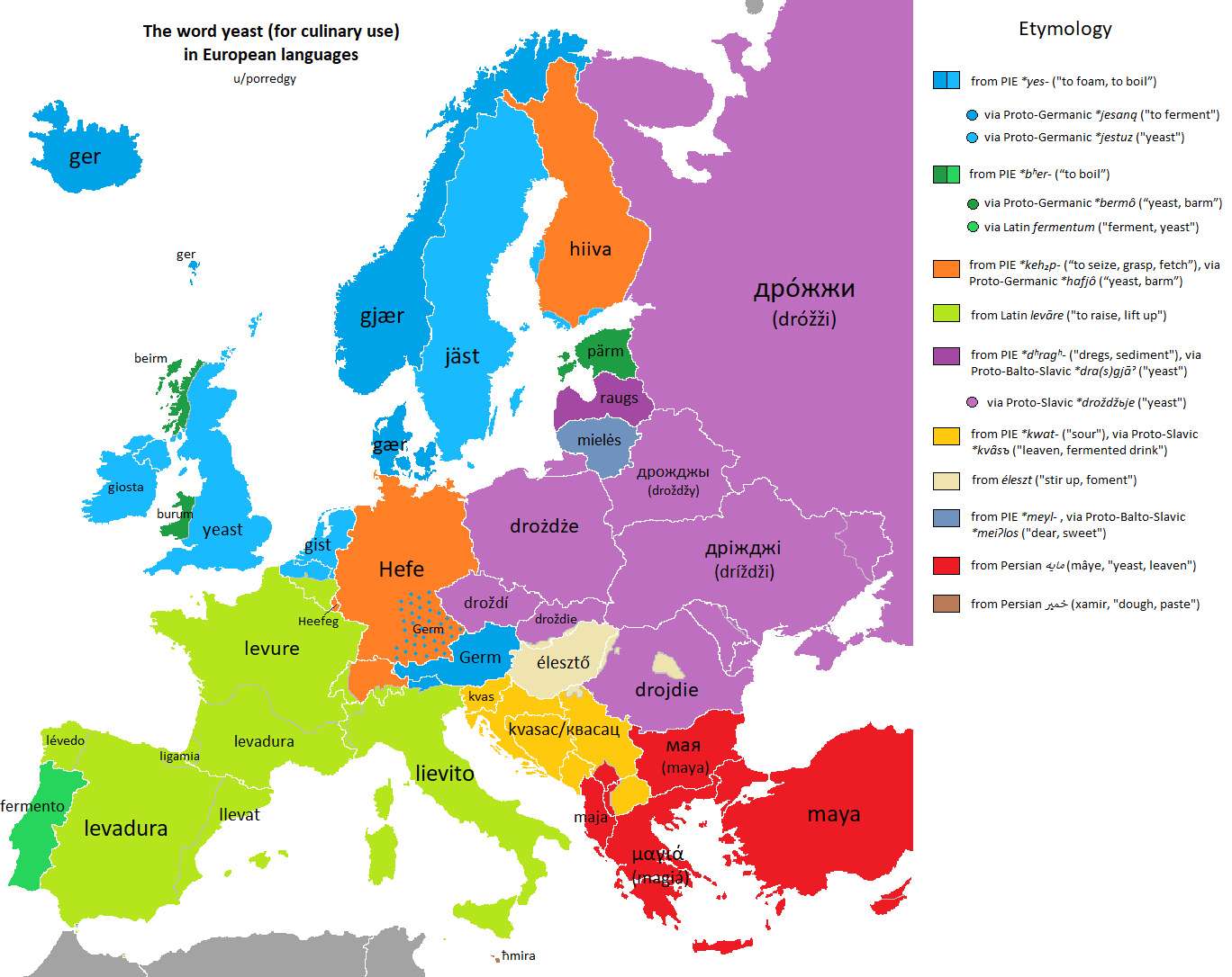 The word "yeast" (for baking) in European languages