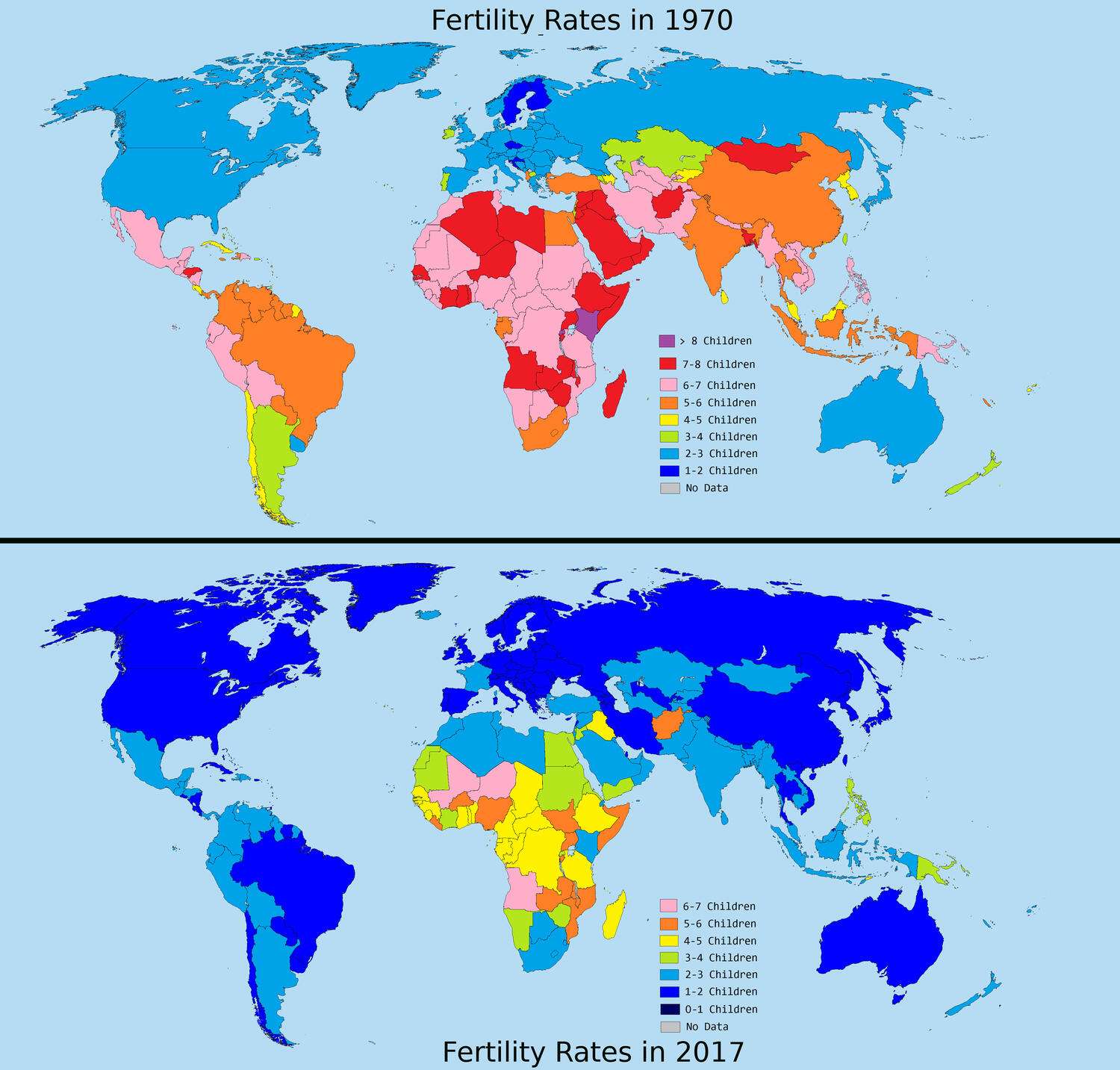 Fertility Rates in the World, 1970 vs 2017