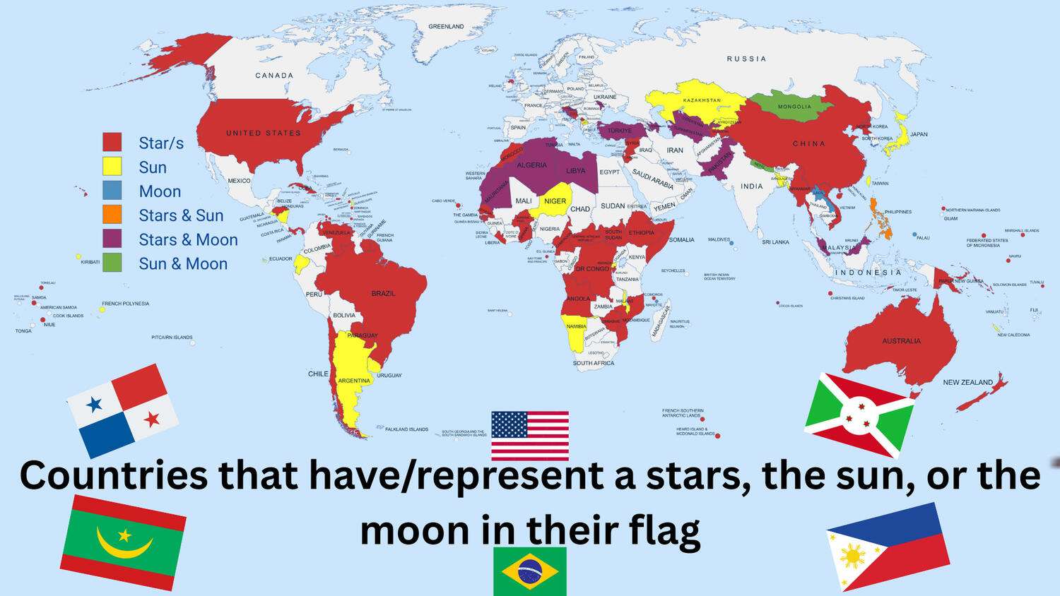 Countries/Territories that represent/include moons, the sun, or stars in their flag