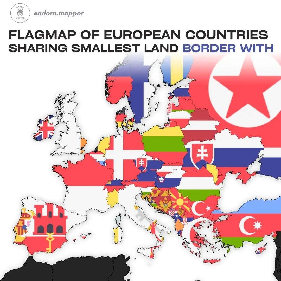 Flag map of European countries sharing shortest land border in Europe