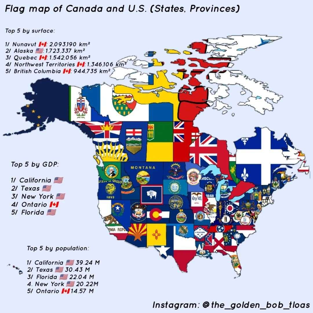 Flag map of the United States and Canada