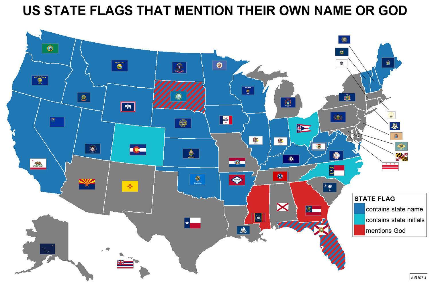 US state flags that mention their own name or God