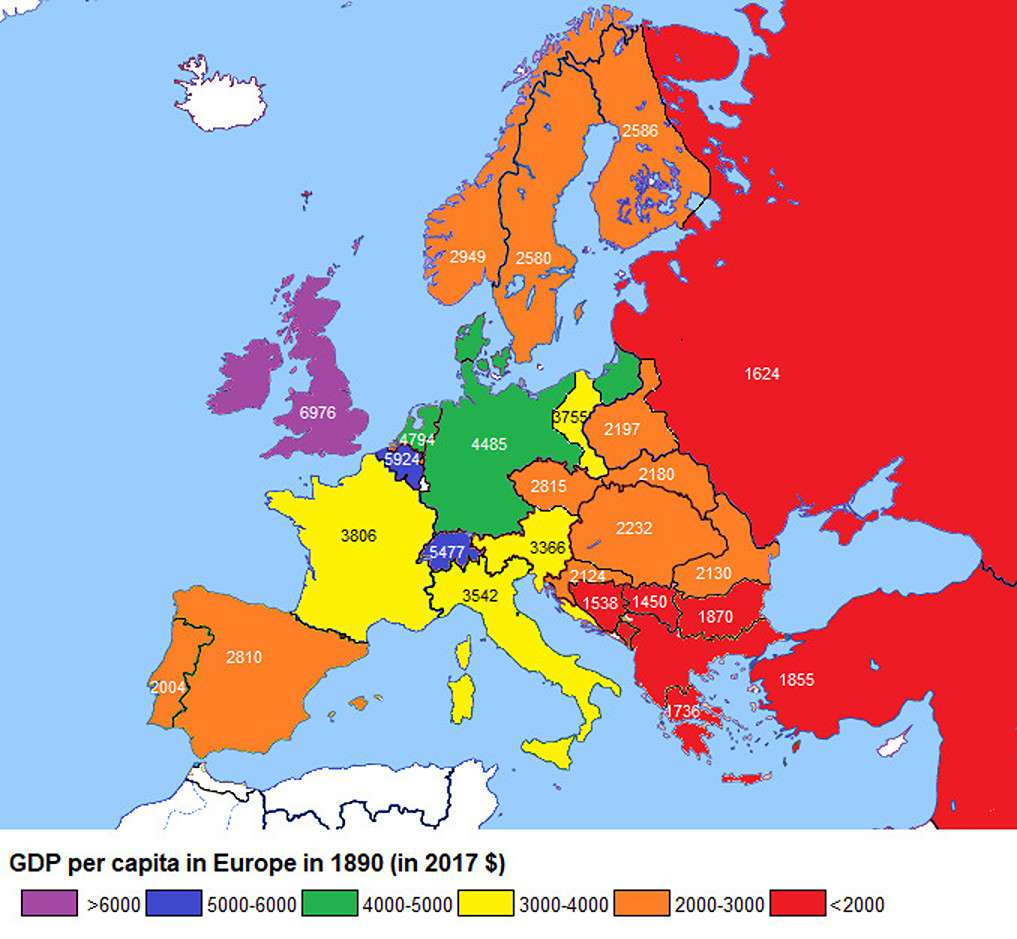 GDP per capita in Europe in 1890 (in 2017 $)